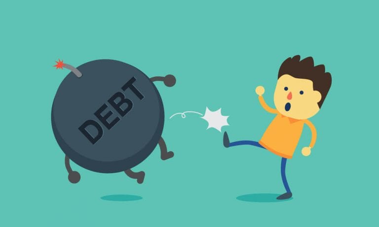 Illustration of man kicking away debt ticking time bomb