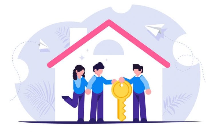 Illustration of couple buying home from realtor