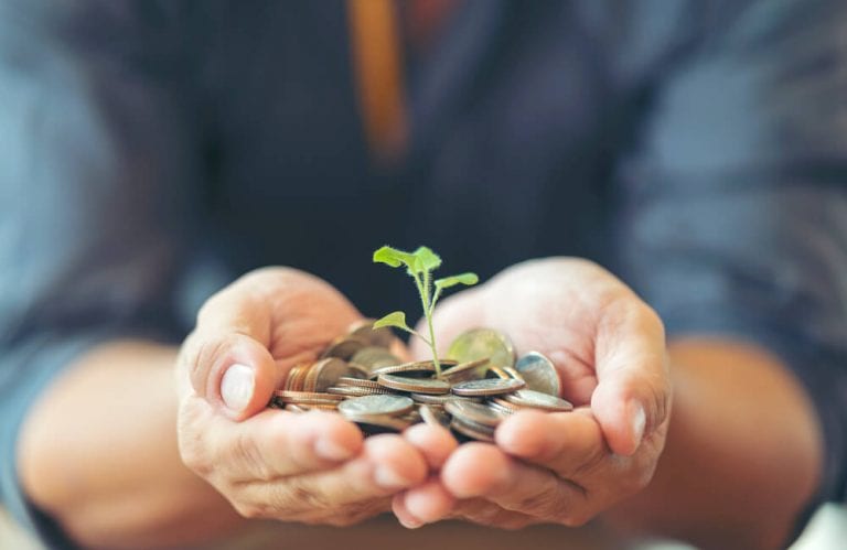 Man in black shirt holding coins with small plant