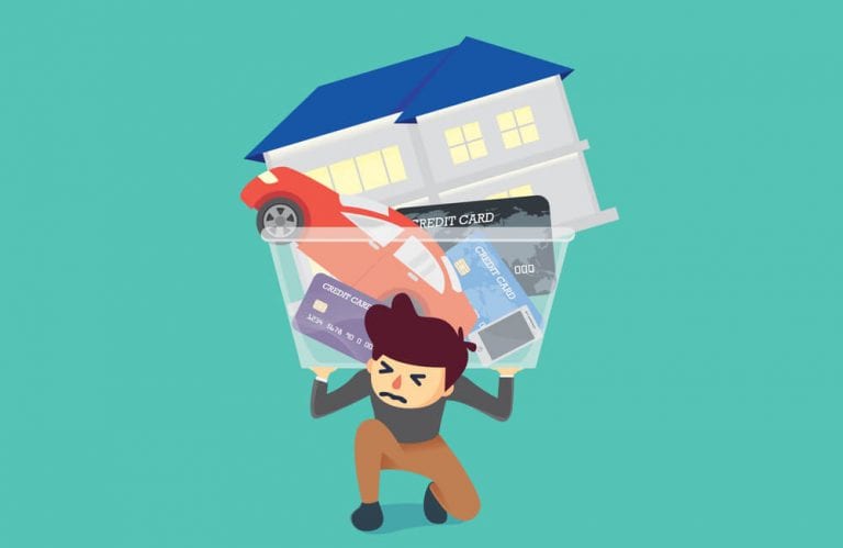 Illustration of man kneeling down while carrying box full of credit card debt