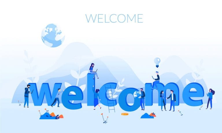 Illustration of word "Welcome" with people all around each letter doing their own work