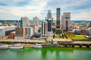 Aerial view of downtown Louisville, Kentucky from the Ohio River