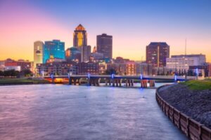 Cityscape image of Des Moines skyline, Iowa, USA at summer sunset.