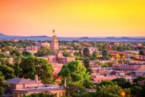 Santa Fe, New Mexico, USA downtown skyline at dusk.