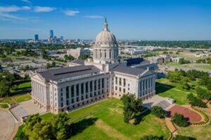 Aerial view of the Oklahoma State Capitol and dowtown cityscape at Oklahoma