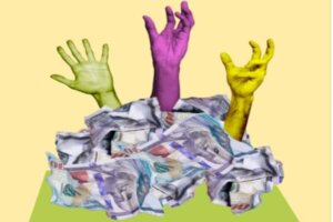 Vertical collage image of zombie people arms stick pile stack crumpled dollar banknotes bills isolated on beige background