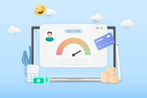 3d Credit score illustration with laptop, Credit card, calculator, banknotes, and coin stack.